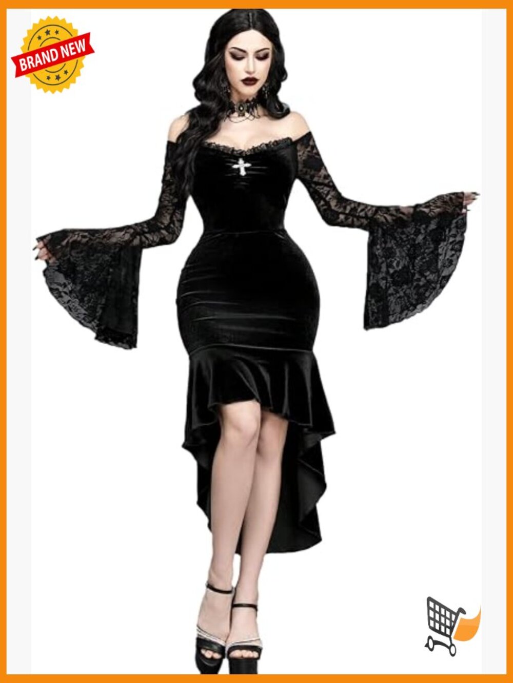 Off Shoulder Gothic Dress Flared Lace Sleeves Mermaid Silhouette Vampire Party